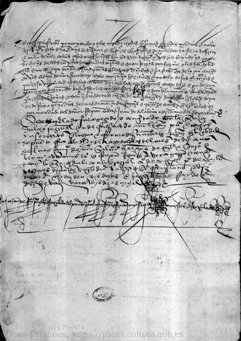 Folio 5 vuelto del traslado de 1521 (Archivo General de Indias), con el nombre «Francisco Yamayta Araçibo» resaltado en la línea 1